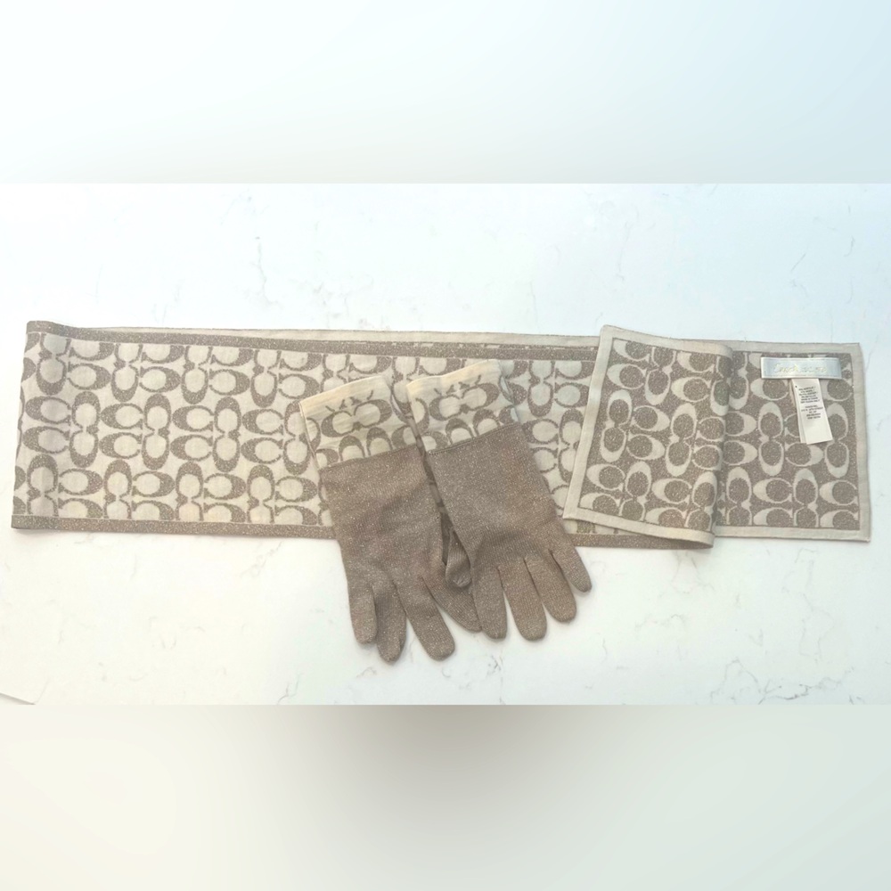 Coach- Gold Metallic Signature Scarf and gloves
